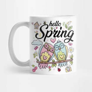 Hello Spring Cute Birds With Flowers Mug